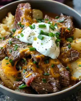 Crockpot Loaded Steak and Potato Bake