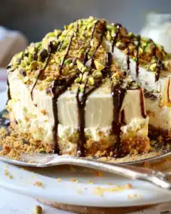 Limoncello Mascarpone Ricotta Cake with Pistachio Crunch and Chocolate Drizzle