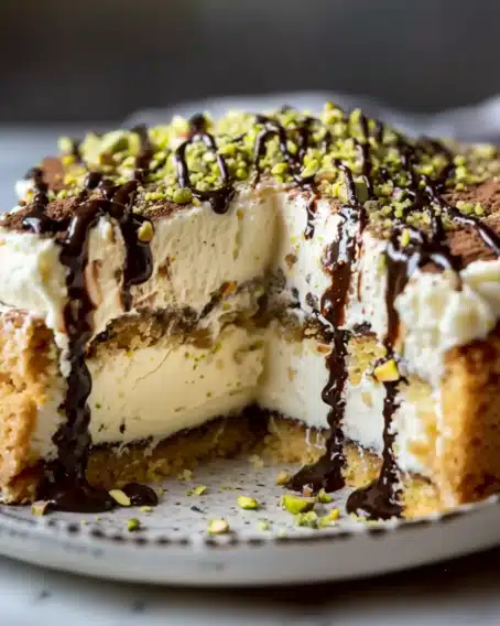 Limoncello Mascarpone Ricotta Cake with Pistachio Crunch and Chocolate Drizzle